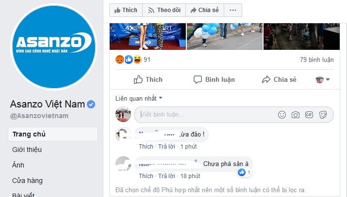 Bị dân mạng "tổng tấn công", fanpage của Asanzo vội vàng chặn bình luận fanpage bi dan mang khung bo facebook cua asanzo voi vang chan binh luan