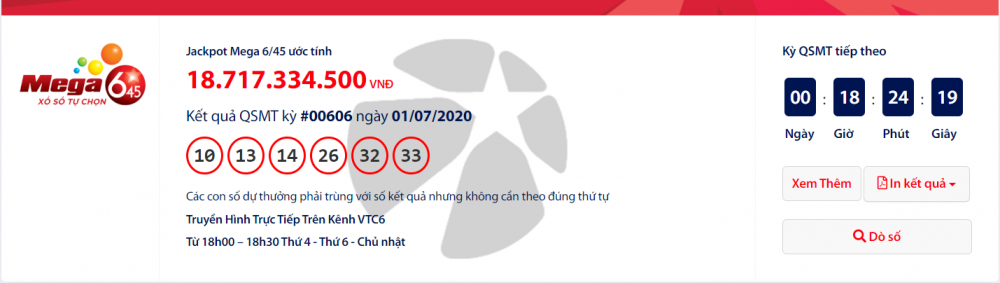 Kết quả xổ số Vietlott Mega 6/45 tối ngày 3/7/2020: 