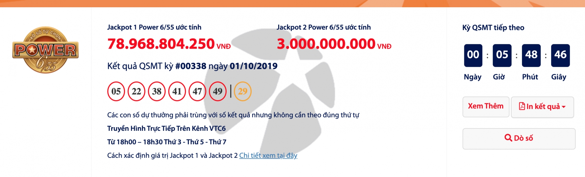 Cập nhật kết quả xổ số Vietlott Power 6/55 ngày 3/10/2019 cap nhat ket qua xo so vietlott power 655 ngay 3102019