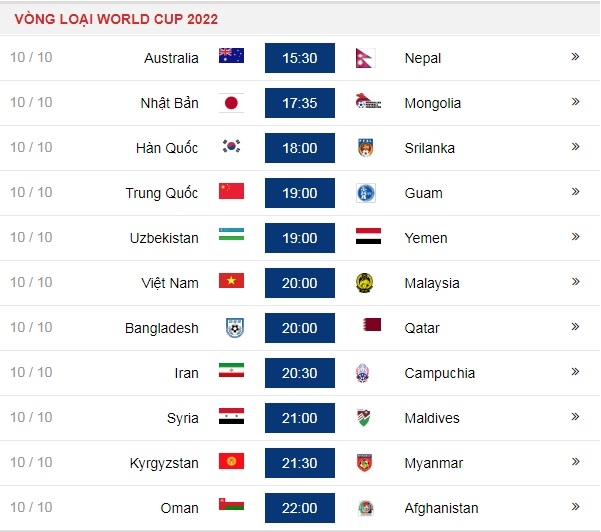lich thi dau cua tuyen viet nam va cac doi khac trong ngay 1010 tai vong loai world cup 2022