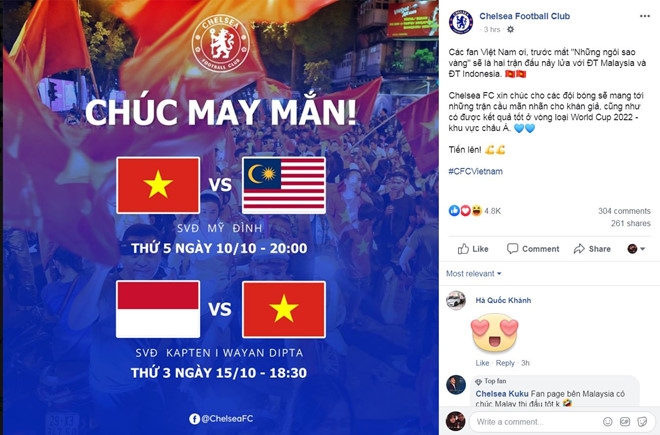 CLB Chelsea bất ngờ chúc mừng và cổ vũ ĐT Việt Nam vs Malaysia clb chelsea bat ngo chuc mung va co vu dt viet nam vs malaysia