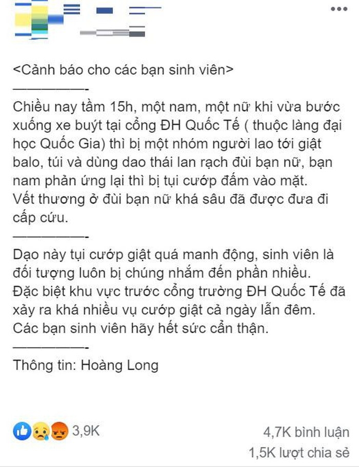 ĐH Quốc tế TP. HCM nói gì vụ 2 sinh viên bị một băng nhóm rạch đùi, cướp tài sản? dh quoc te tp hcm noi gi vu 2 sinh vien bi mot bang nhom rach dui cuop tai san