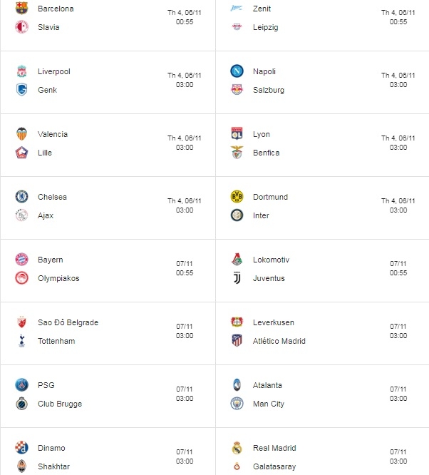 lich thi dau luot tran thu 4 vong bang cup c1 chau au champions league 20192020 moi nhat
