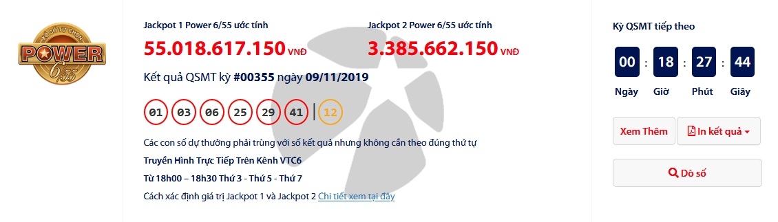 Kết quả xổ số Vietlott Power 6/55 ngày 12/11: "Nổ" tiếp giải thưởng gần 60 tỷ đồng? ket qua xo so vietlott power 655 ngay 1211 hon 58 ti dong thuoc ve nhung ai
