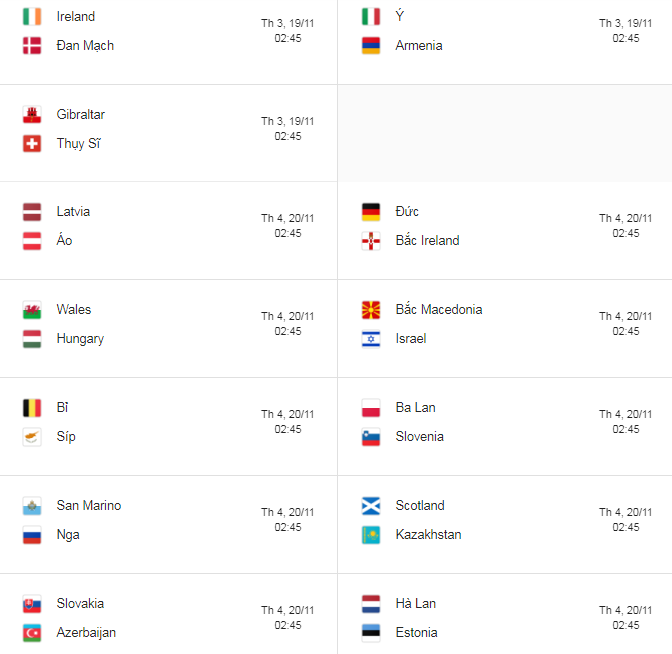 lich thi dau bong da vong loai euro 2020 moi nhat
