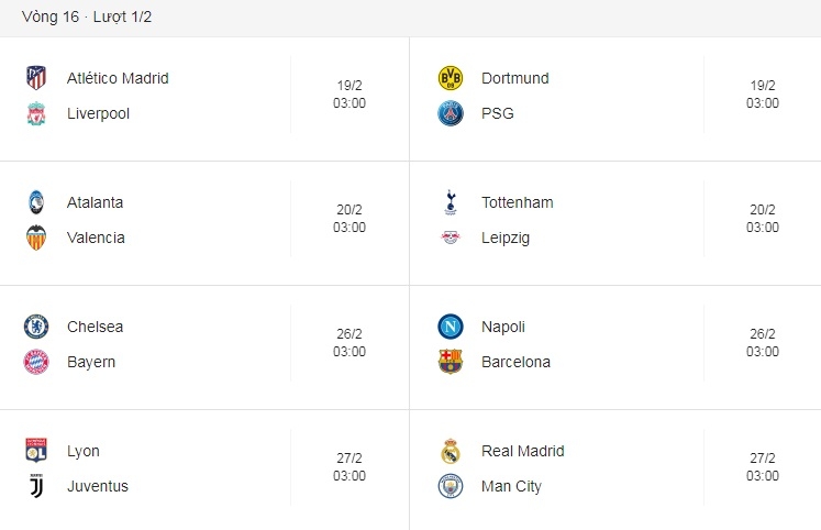 lich thi dau luot di vong 18 cup c1 chau au champions league 201920 moi nhat