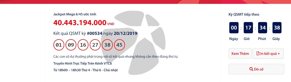 ket qua xo so vietlott mega 645 ngay 22122019 hon 40 ti dong da ve dau