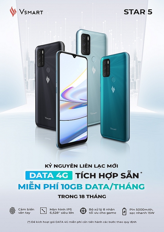 Với việc tích hợp DATA 4G miễn phí, Vsmart Star 5 trở thành điện thoại kèm DATA 4G miễn phí tiên phong tại Việt Nam. Với việc tích hợp DATA 4G miễn phí, Vsmart Star 5 trở thành điện thoại kèm DATA 4G miễn phí tiên phong tại Việt Nam.
