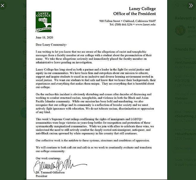 An American professor was investigated for his discrimination request. American professor placed on leave after demanding Vietnamese student Anglicise her name