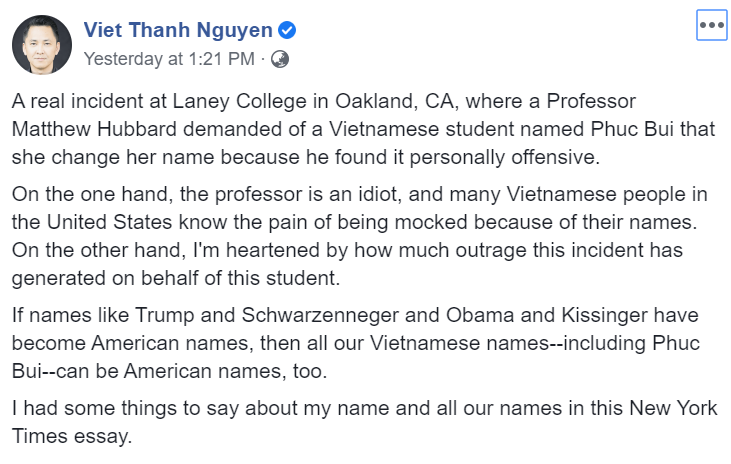 An American professor was investigated for his discrimination request. American professor placed on leave after demanding Vietnamese student Anglicise her name