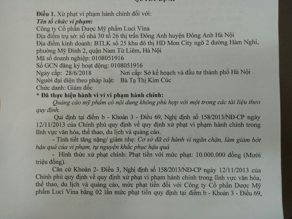 Phạt 20 triệu đồng với Mỹ phẩm Luci One vì quảng cáo sai sự thật phat 20 trieu dong voi my pham luci one vi quang cao sai su that