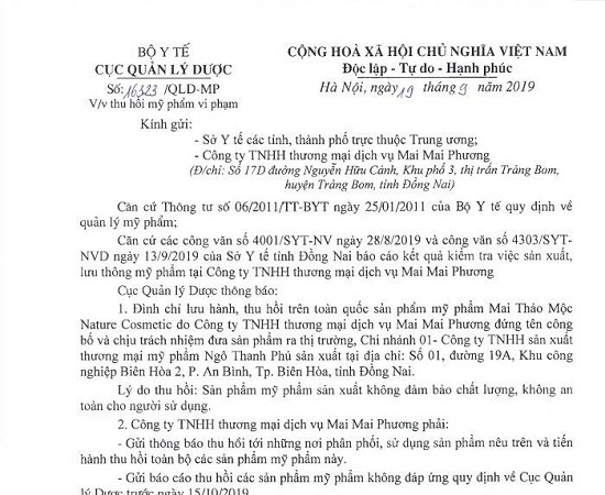 Cấm lưu hành mỹ phẩm Mai Thảo Mộc Nature Cosmetic cam luu hanh my pham mai thao moc nature cosmetic