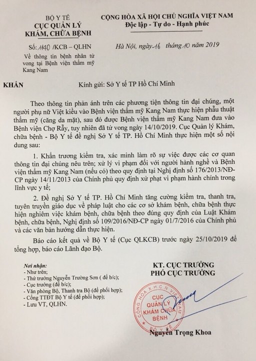 Bộ Y tế yêu cầu làm rõ nguyên nhân nữ Việt kiều tử vong tại Bệnh viện thẩm mỹ Kangnam bo y te yeu cau lam ro nguyen nhan nu viet kieu tu vong tai benh vien tham my kangnam