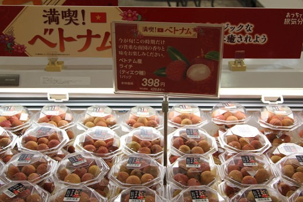 Vải thiều Việt Nam được bày bán tại siêu thị AEON Lake Town ở Saitama (Nhật Bản). Ảnh: TTXVN Vải thiều Việt Nam được bày bán tại siêu thị AEON Lake Town ở Saitama (Nhật Bản). Ảnh: TTXVN