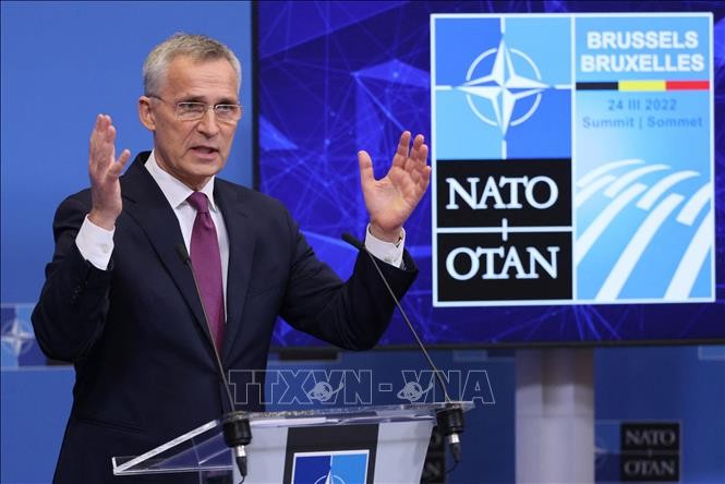 Tổng Thư ký Tổ chức Hiệp ước Bắc Đại Tây Dương (NATO) Jens Stoltenberg trong cuộc họp báo tại trụ sở NATO ở Brussels, Bỉ ngày 23/3/2022. Ảnh: AFP/TTXVN