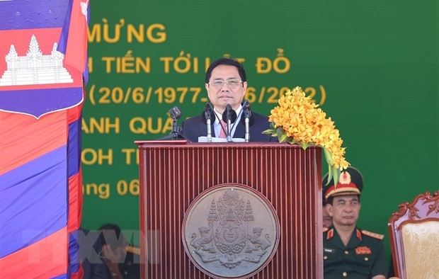 Thủ tướng Phạm Minh Chính phát biểu tại lễ kỷ niệm 45 năm Con đường tiến tới đánh đổ chế độ diệt chủng Pol Pot của Thủ tướng Campuchia Hun Sen. (Ảnh: Dương Giang/TTXVN) Thủ tướng Phạm Minh Chính phát biểu tại lễ kỷ niệm 45 năm Con đường tiến tới đánh đổ chế độ diệt chủng Pol Pot của Thủ tướng Campuchia Hun Sen. (Ảnh: Dương Giang/TTXVN)