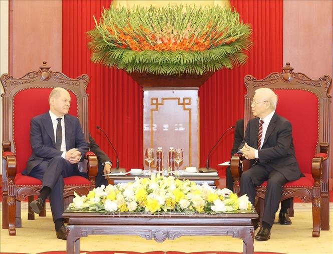Tổng Bí thư Nguyễn Phú Trọng tiếp Thủ tướng Đức Olaf Scholz thăm chính thức Việt Nam Chú thích ảnh