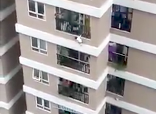 A video still showing a little girl hanging from a Hanoi apartment balcony, seconds before she fell. 0756-child