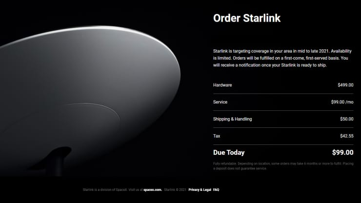 A screenshot of the preorder page of Starlink.com on Feb. 9, 2021. SpaceX A screenshot of the preorder page of Starlink.com on Feb. 9, 2021. SpaceX