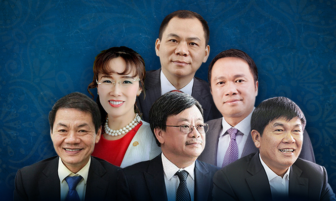 (From L), front row: Thaco Group Chairman Tran Ba Duong, Masan Group Chairman Nguyen Dang Quang, Hoa Phat Group Chairman Tran Dinh Long; second row: Vietjet CEO Nguyen Thi Phuong Thao, Techcombank chairman Ho Hung Anh; back: Vingroup Chairman Pham Nhat Vuong. Photo designed by VnExpress (From L), front row: Thaco Group Chairman Tran Ba Duong, Masan Group Chairman Nguyen Dang Quang, Hoa Phat Group Chairman Tran Dinh Long; second row: Vietjet CEO Nguyen Thi Phuong Thao, Techcombank chairman Ho Hung Anh; back: Vingroup Chairman Pham Nhat Vuong. Photo designed by VnExpress