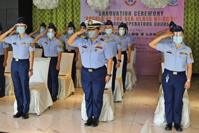 For the first time ever, an all-female class of radio operators aboard various Philippine Coast Guard (PCG) vessels and shorebased units graduated from a Special Radio Operators Course in Pasay City on Friday (June 25). Photo courtesy of Philippine Coast Guard. For the first time ever, an all-female class of radio operators aboard various Philippine Coast Guard (PCG) vessels and shorebased units graduated from a Special Radio Operators Course in Pasay City on Friday (June 25). Photo courtesy of Philippine Coast Guard.