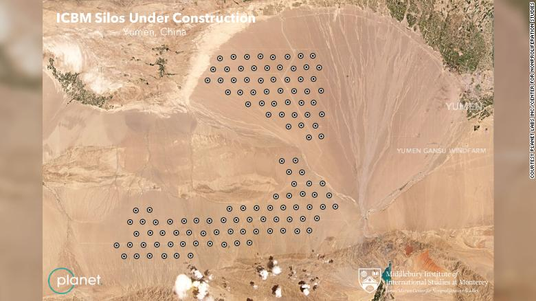 The purported locations of new Chinese ballistic missile silos are represented by dots in this annotated version of an image from commercial satellite company Planet Labs Inc. The purported locations of new Chinese ballistic missile silos are represented by dots in this annotated version of an image from commercial satellite company Planet Labs Inc.