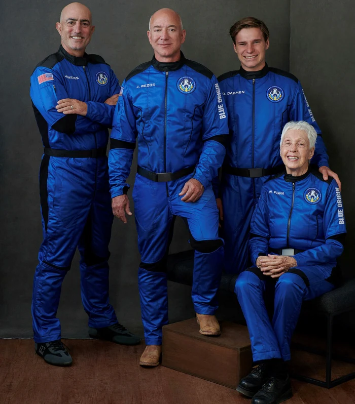 From left: Mark Bezos, Jeff Bezos, Oliver Daemen and Wally Funk before their flight © BLUE ORIGIN/AFP via Getty Images From left: Mark Bezos, Jeff Bezos, Oliver Daemen and Wally Funk before their flight © BLUE ORIGIN/AFP via Getty Images