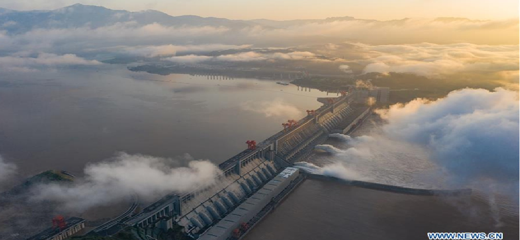 Aerial photo taken on July 27, 2020 shows floodwater being discharged from the Three Gorges Dam in central China's Hubei Province. The third flood of the year in the Yangtze River occurred in its upper reaches as the Three Gorges reservoir saw an inflow of 50,000 cubic meters per second at 2 p.m. Sunday.Photo:Xinhua 5546 dam