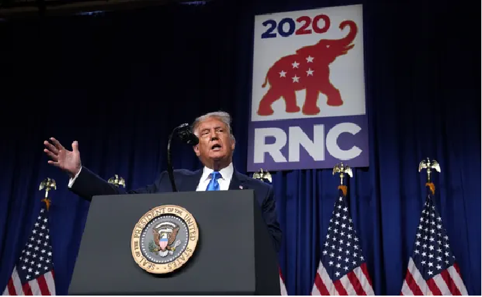 Donald Trump at the Republican national convention site on 24 August. Photograph: Evan Vucci/AP 1452 trump 2