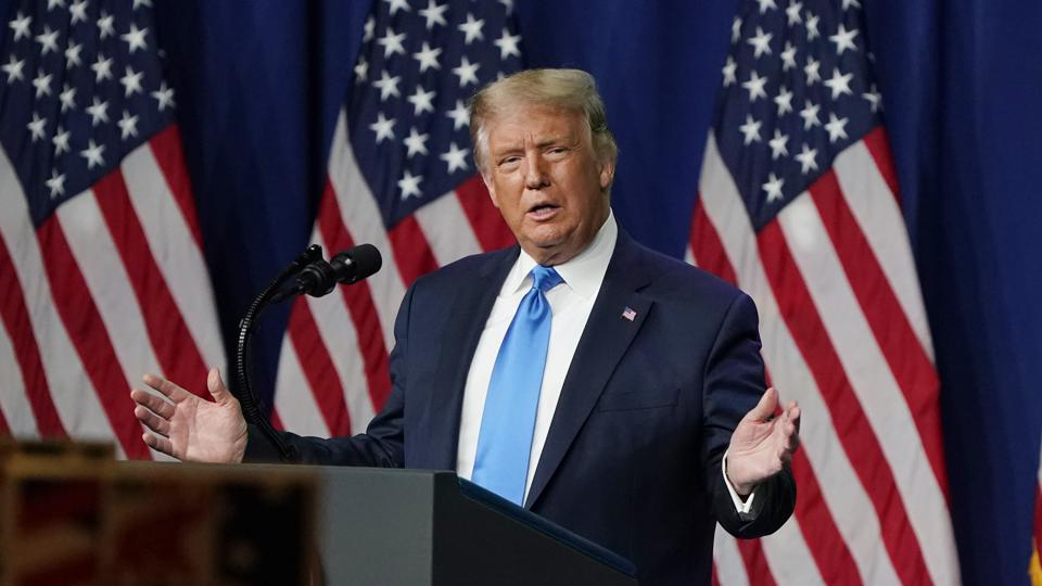 CHARLOTTE, NORTH CAROLINA - AUGUST 24: U.S. President Donald Trump speaks on the first day of the Republican National Convention at the Charlotte Convention Center on August 24, 2020 in Charlotte, North Carolina. The four-day event is themed Trump renominated as Republican presidential candidate, calls for