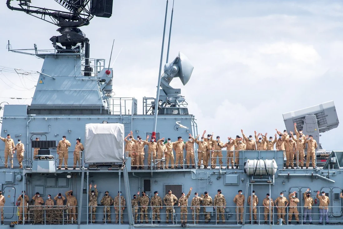 Crew members of the Bayern wave as the frigate sets sail on an exercise voyage lasting about six months in the Indian and Pacific Oceans. Photo: DPA Crew members of the Bayern wave as the frigate sets sail on an exercise voyage lasting about six months in the Indian and Pacific Oceans. Photo: DPA