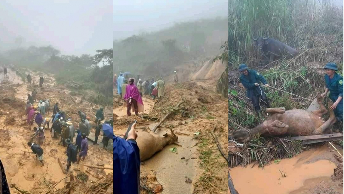 Người dân và lực lượng chức năng xử lý điểm sạt lở tại xã Na Ngoi. 4001 landslides