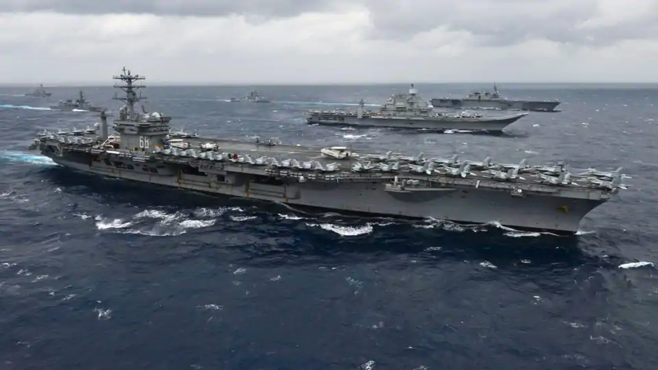 Vikramaditya and Japanese Izumo in formation during Malabar exercises with Nimitz in 2017. 3211 india