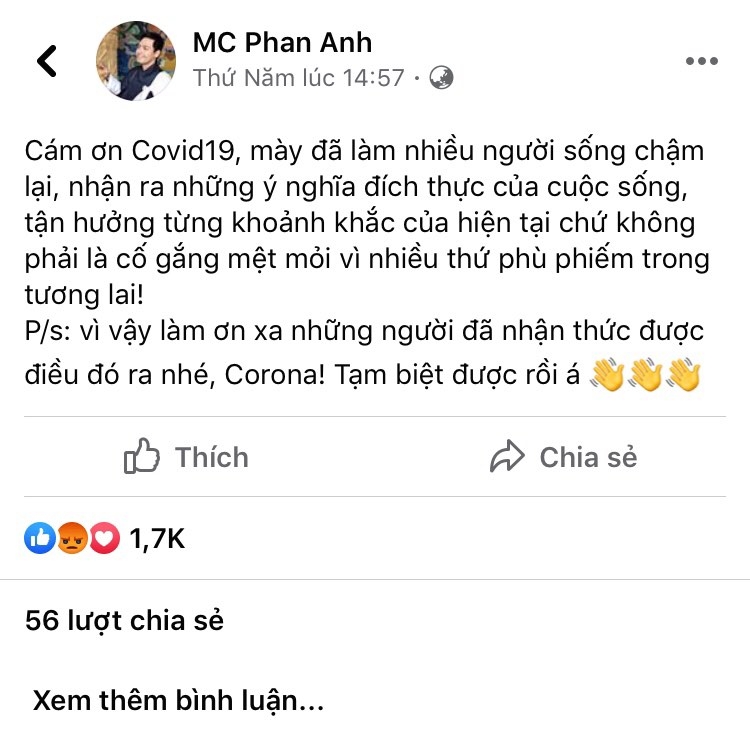 Tin tức giải trí sao Việt hôm nay (28/3): Phát ngôn "Cảm ơn Covid-19", MC Phan Anh nhận chỉ trích tin tuc giai tri sao viet hom nay 283 phat ngon cam on covid 19 mc phan anh nhan chi trich