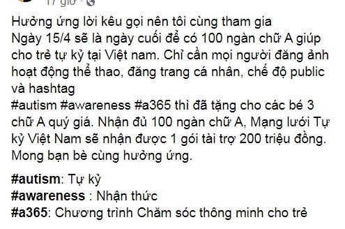 Cộng đồng mạng chung tay ủng hộ 100.000 chữ A gây quỹ giúp đỡ trẻ em tự kỷ cu dan mang chung tay ung ho 100000 chu a gay quy giup do tre em tu ky