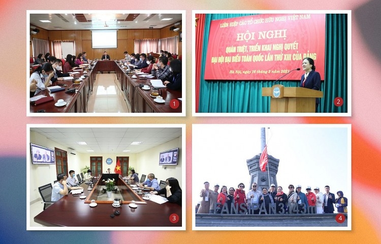 第1图：评估2021年世界和地区形势座谈会。  第2图：学习、贯彻落实2021年党的十三大决议会议。  第3图：2021年，越南友好组织联合会与欧亚人民协会之间的网络研讨会。  第4图：2023年在老街举行的春节友谊交流活动。