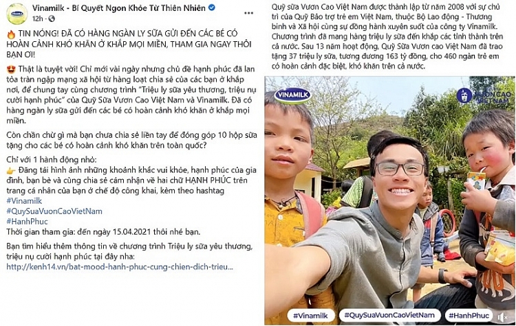 Mạng xã hội tràn ngập hạnh phúc với chương trình “Triệu ly sữa yêu thương, triệu nụ cười hạnh phúc” của Vinamilk Mạng xã hội tràn ngập hạnh phúc với chương trình “Triệu ly sữa yêu thương, triệu nụ cười hạnh phúc” của Vinamilk