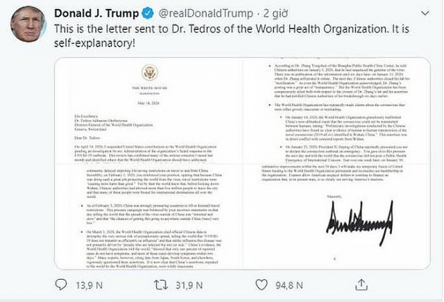 Tổng thống Trump: WHO có 30 ngày để cải thiện trước khi mất tài trợ vĩnh viễn tong thong trump who co 30 ngay de cai thien truoc khi mat tai tro vinh vien