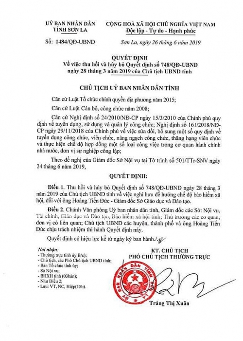 huy quyet dinh nghi huu cua giam doc so gd dt son la tiep tuc xu ly sai pham