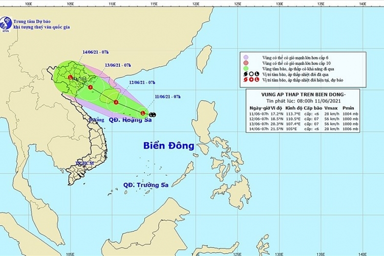 Vị trí, hướng đi của áp thấp trên biển Đông (Nguồn: NCHMF) Vị trí, hướng đi của áp thấp trên biển Đông (Nguồn: NCHMF)
