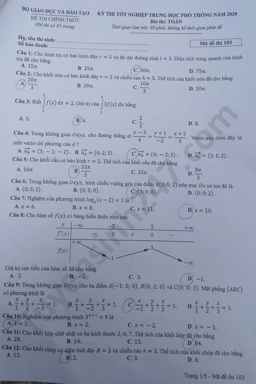 undefined 2557 de thi tot nghiep thpt mon toan ma 103 1 result