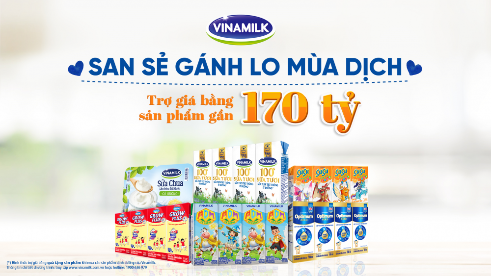 Chương trình nhằm trợ giá cho người tiêu dùng “San sẻ gánh lo mùa dịch” do Vinamilk thực hiện với tổng giá trị gói hỗ trợ là gần 170 tỷ đồng. Chương trình nhằm trợ giá cho người tiêu dùng “San sẻ gánh lo mùa dịch” do Vinamilk thực hiện với tổng giá trị gói hỗ trợ là gần 170 tỷ đồng.