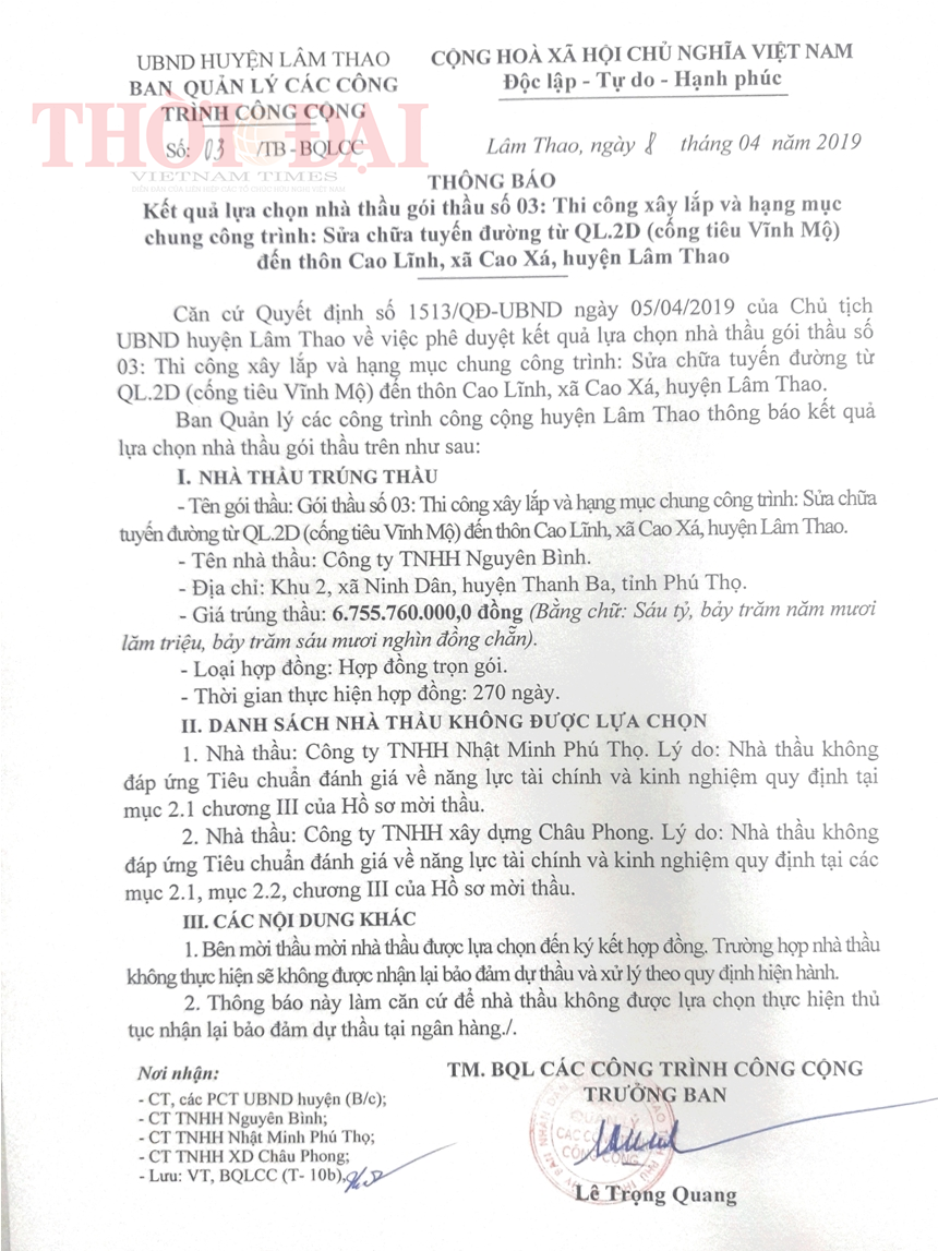 Phú Thọ: "Điệp khúc" trúng thầu sát giá ở huyện Lâm Thao phu tho vi sao mot so goi thau hang ty dong o huyen lam thao trung thau sat gia