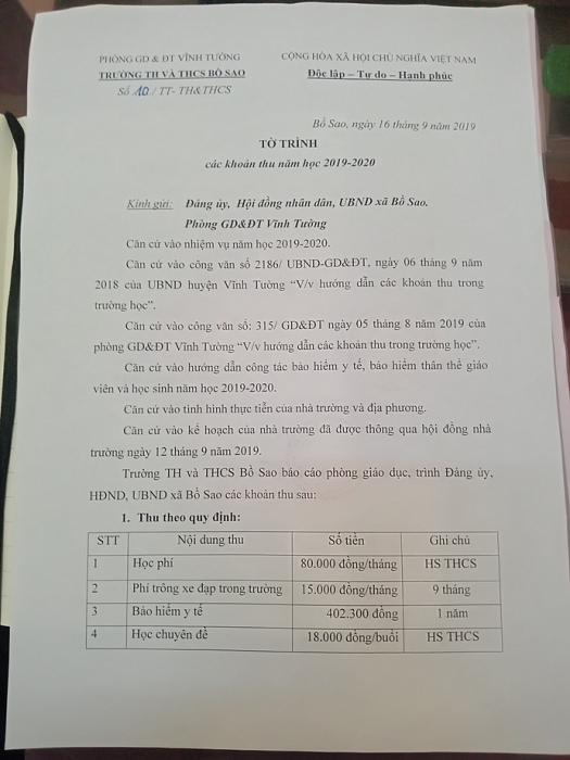 Dấu hiệu lạm thu tại trường TH và THCS Bồ Sao, tỉnh Vĩnh Phúc? dau hieu lam thu tai truong th va thcs bo sao tinh vinh phuc
