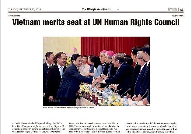 កាសែត Washington Times របស់សហរដ្ឋអាមេរិក បានចុះផ្សាយពេញមួយទំព័រដើម្បីគាំទ្របេក្ខភាពរបស់វៀតណាមសម្រាប់ក្រុមប្រឹក្សាសិទ្ធិមនុស្សអង្គការសហប្រជាជាតិ (ប្រភព៖ baoquocte.vn) កាសែត Washington Times របស់សហរដ្ឋអាមេរិក បានចុះផ្សាយពេញមួយទំព័រដើម្បីគាំទ្របេក្ខភាពរបស់វៀតណាមសម្រាប់ក្រុមប្រឹក្សាសិទ្ធិមនុស្សអង្គការសហប្រជាជាតិ (ប្រភព៖ baoquocte.vn)