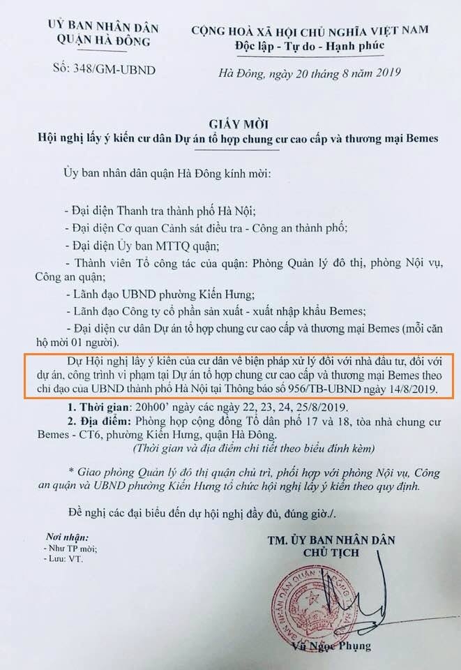 Chủ tịch quận Hà Đông mời cư dân "xử lý" chủ đầu tư Bemes-Mường Thanh chu tich quan ha dong moi cu dan neu y kien xu ly chu dau tu muong thanh