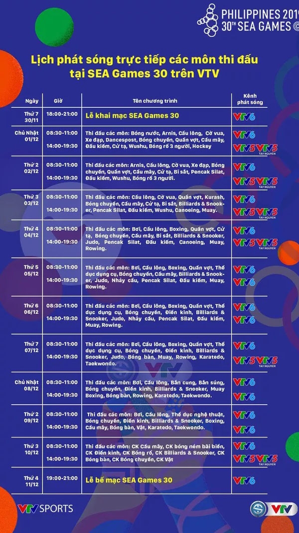 Lịch trực tiếp các môn thể thao tại SEA Games 30 trên VTV5 và VTV6 lich truc tiep cac mon the thao tai sea games 30 tren vtv5 va vtv6