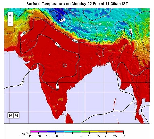 Surface Temperature on Monday 22 Feb at 11:30am IST. Photo: Weather-forecast.com 3053 india 222 2