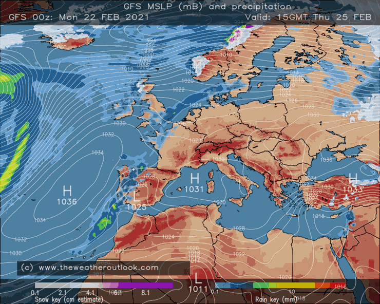GFS, surface pressure and precipitation, 15:00 GMT Thu 25th February. Photo: The Weather Outlook 3228 uk 232 2