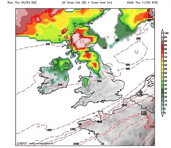 UK snow forecast: There isd an extremely high risk of snow in Scotland and northern England next Thursday (Image: NETWEATHER) 3331-uk-63-1